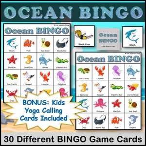 Ocean Bingo Game with Kids Yoga Poses Included for Active Movement- Digital Download