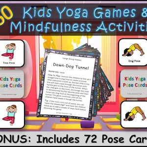 Kids Yoga Games and Mindfulness Activities Set, Includes 72 Yoga Pose Cards, Diverse Clip Art- Digital PDF Download