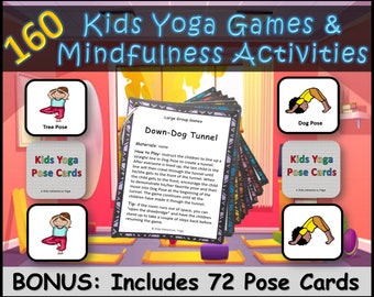 Kids Yoga Games and Mindfulness Activities Set, Includes 72 Yoga Pose Cards, Diverse Clip Art- Digital PDF Download