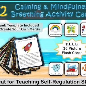 Juego de tarjetas de actividades de ejercicios de respiración calmante y atención plena, rincón calmante, tarjetas flash, hora del círculo, reuniones matutinas, autorregulación