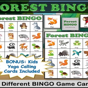 Forest Animals Bingo Game with Kids Yoga Poses Included for Active Movement- Digital Download