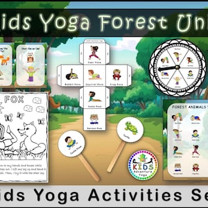 Ensemble de jeux et d'activités de yoga pour enfants animaux de la forêt, pages à colorier, jeu de spinner, jeu de dés, cartes de tâche, cartes de pose, clipart divers