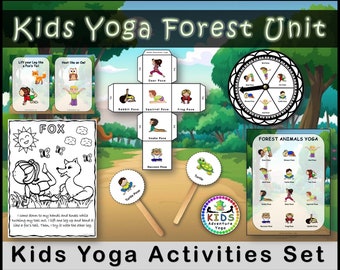 Forest Animals Kids Yoga Games and Activities Set, Coloring Pages, Spinner Game, Dice Game, Task Cards, Pose Cards, Diverse Clip Art