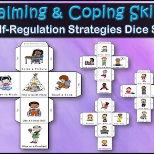 Może przedstawiać: Zestaw sześciu kolorowych kostek do gry z obrazkami dzieci angażujących się w uspokajające czynności. Każda kostka ma sześć ścian z różnymi czynnościami, takimi jak słuchanie muzyki, czytanie książki i używanie piłki przeciwstresowej. Kostki są oznaczone jako "Calming & Coping Skills" i "Self-Regulation Strategies Dice Set".