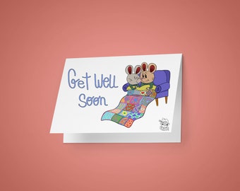 Mice in Quilt Get Well Soon postcard size