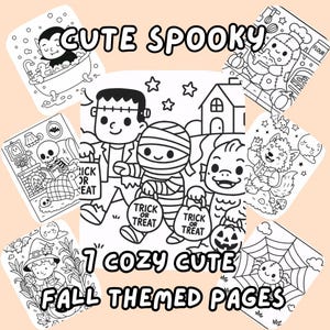 Könnte beinhalten: Eine Sammlung von sieben schwarz-weißen Malvorlagen mit Herbst- und Halloween-Motiven. Die Seiten zeigen niedliche, gruselige Charaktere wie einen Vampir, Frankenstein, eine Mumie und einen Werwolf. Der Text enthält "Cute Spooky" und "7 Cozy Cute Fall Themed Pages."