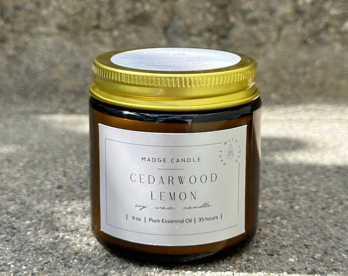 Organic 4oz Cedarwood Lemon Aromatherapy Soy Candle-All Natural-100% Essential Oil-Long Lasting -Gift