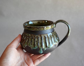 Handmade Mug with Green Drip Glaze, 15oz Ceramic Coffee Cup