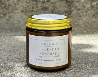 Organic 4oz Lavender Rosemary Aromatherapy Soy Candle-All Natural-100% Essential Oil-Long Lasting -Gift