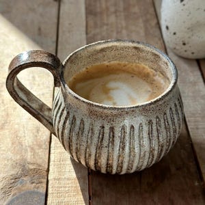 Unique Handmade Creamy Ceramic Belly Mug - Coffee Tea Mug - Latte Mug - Cappuccino Mug - Hand glazed - Food Safe - Dishwasher Safe - 14oz