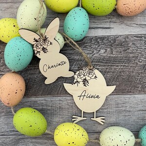 Bunny and Chick Floral Easter Tag, Personalized Wooden Easter Name Tags, Easter Basket Name Tag