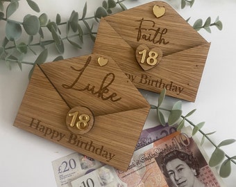 Personalized Oak Veneer Birthday Money Holder, Cash Gift Envelope