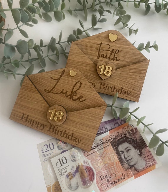Personalized Oak Veneer Birthday Money Holder, Cash Gift Envelope