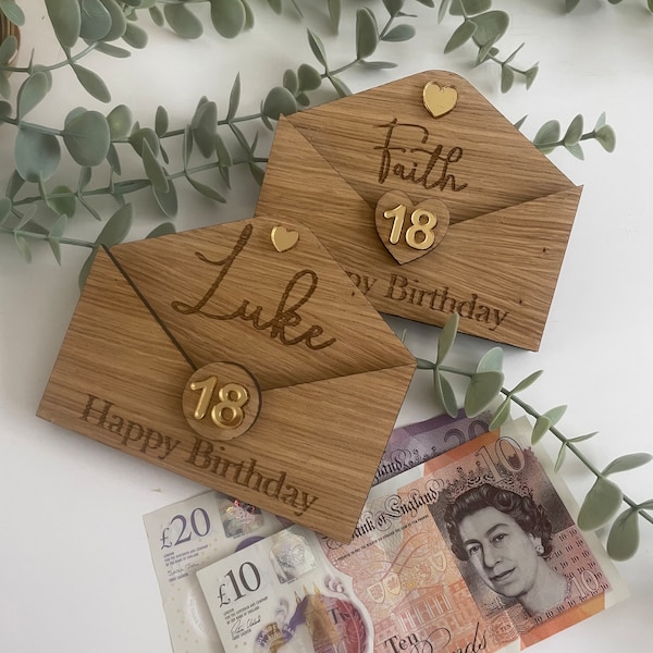 Personalized Oak Veneer Birthday Money Holder, Cash Gift Envelope