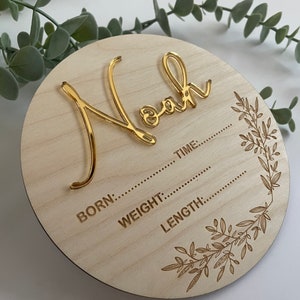 Baby Arrival Sign, Hello World sign, Engraved Baby Name Plaque, Birth Gifts, Baby Photo Prop, Baby Announcement, Acrylic & wooden name sign image 2