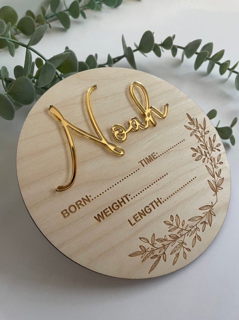 Baby Arrival Sign, Hello World sign, Engraved Baby Name Plaque, Birth Gifts, Baby Photo Prop, Baby Announcement, Acrylic & wooden name sign image 2