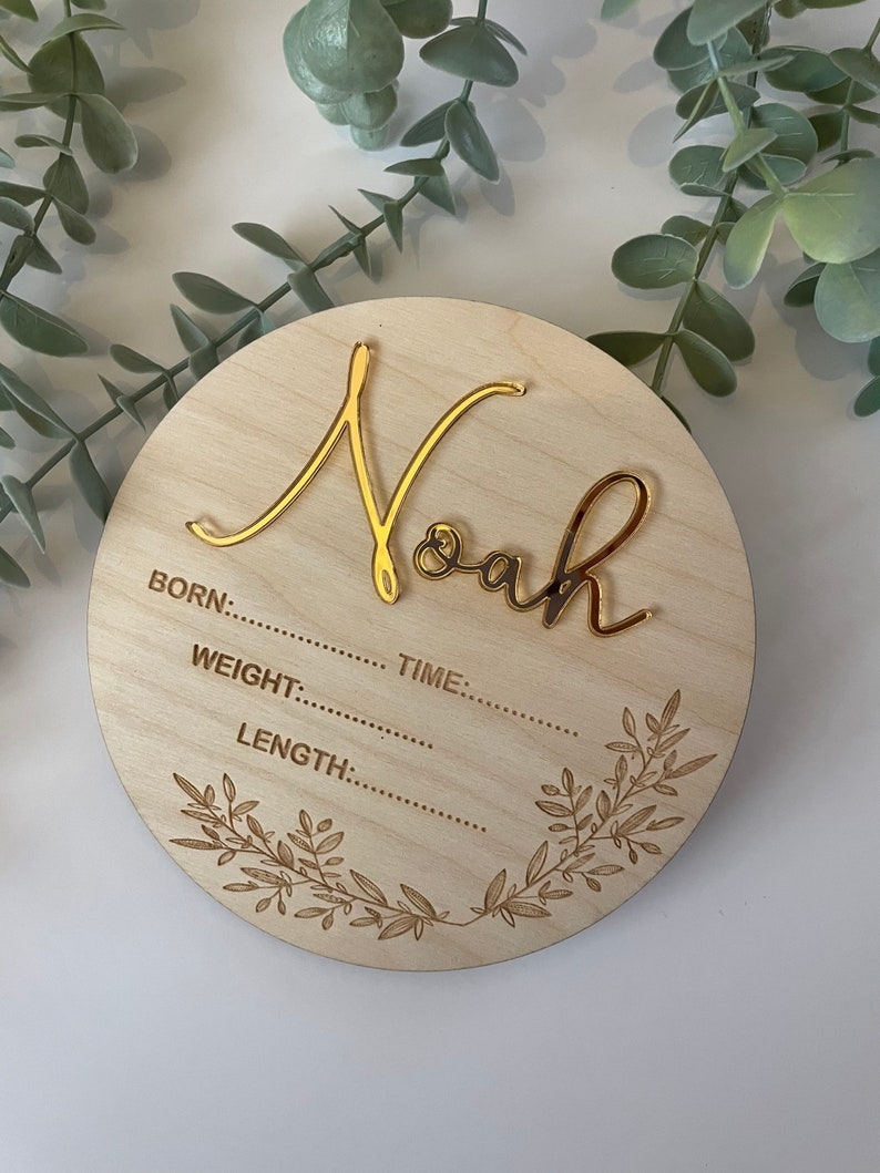 Baby Arrival Sign, Hello World sign, Engraved Baby Name Plaque, Birth Gifts, Baby Photo Prop, Baby Announcement, Acrylic & wooden name sign image 1