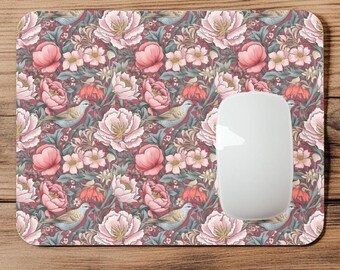 Floral William Morris Pink Blue Floral Birds | Mousepad | Mouse Pad | Coaster | MP156