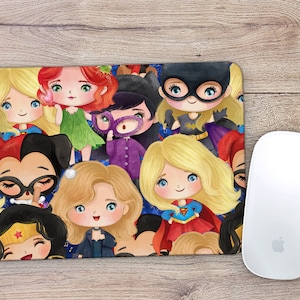 May include: A colorful mousepad featuring a pattern of cartoon superhero girls with different hairstyles and costumes. The girls are all smiling and looking at the viewer. The mousepad is a great way to add a touch of fun to your workspace.