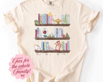 Disney Princess Bookshelf Books Aladdin Pascal Belle Tangled Chip Tee T-Shirt Bodysuit T-5056