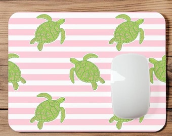 Preppy Tropical Sea Turtles | Pink Stripes | Mousepad | Mouse Pad | Coaster | MP139