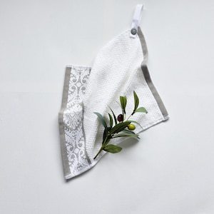 Hanging Hand Towel, Elegant White with Grey Pattern Border