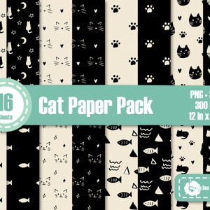 白黒の猫デジタルペーパーパック/SVG PNGのかわいい動物パターンセット/手描き/コラージュとスクラップブック用紙/すぐにダウンロード
