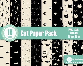 Cat Digital Paper Pack in Black and White/ Cute animal pattern set in SVG PNG/ Hand drawn/ Collage and scrapbook paper/ Instant download