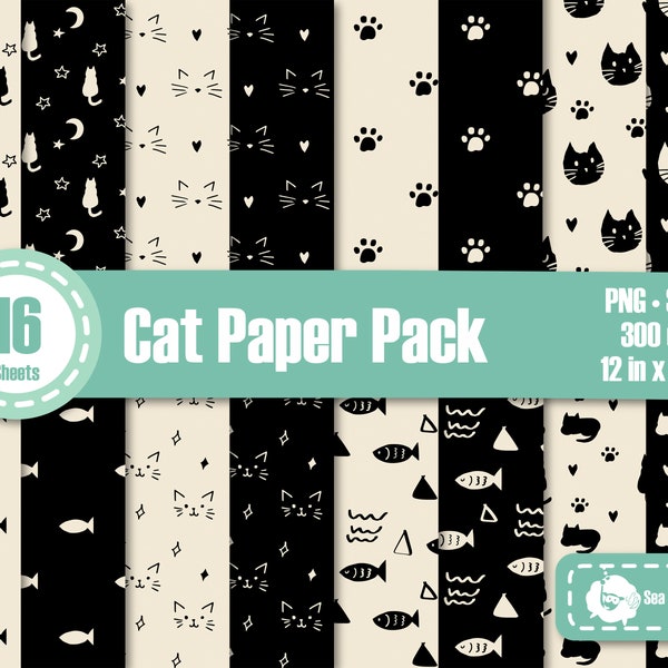 Cat Digital Paper Pack in Black and White/ Cute animal pattern set in SVG PNG/ Hand drawn/ Collage and scrapbook paper/ Instant download