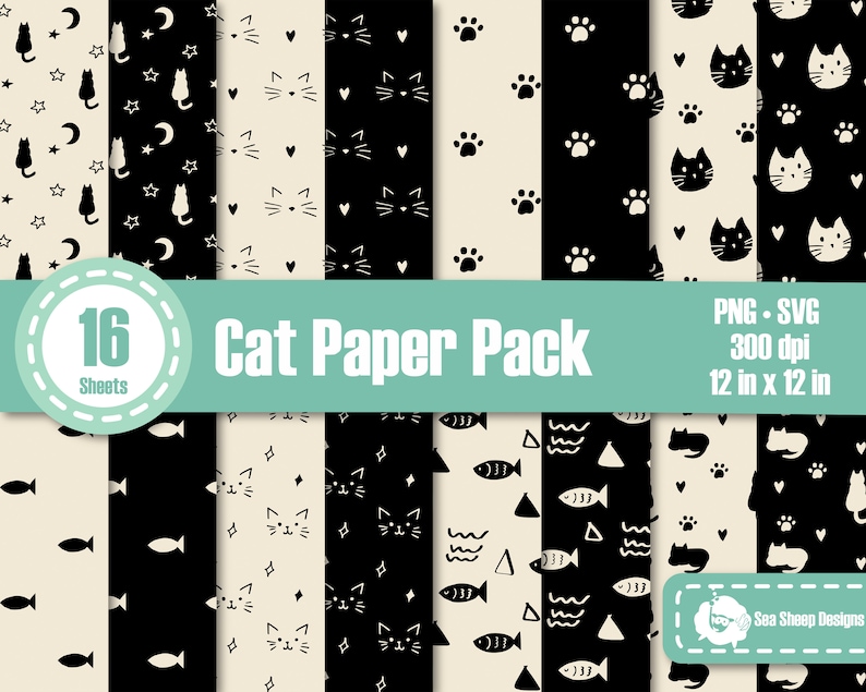 May include: A collection of 16 sheets of cat-themed paper with various patterns in black and cream. Designs include cat faces, paw prints, fish, moons, stars, and hearts. Each sheet is 12 inches by 12 inches.