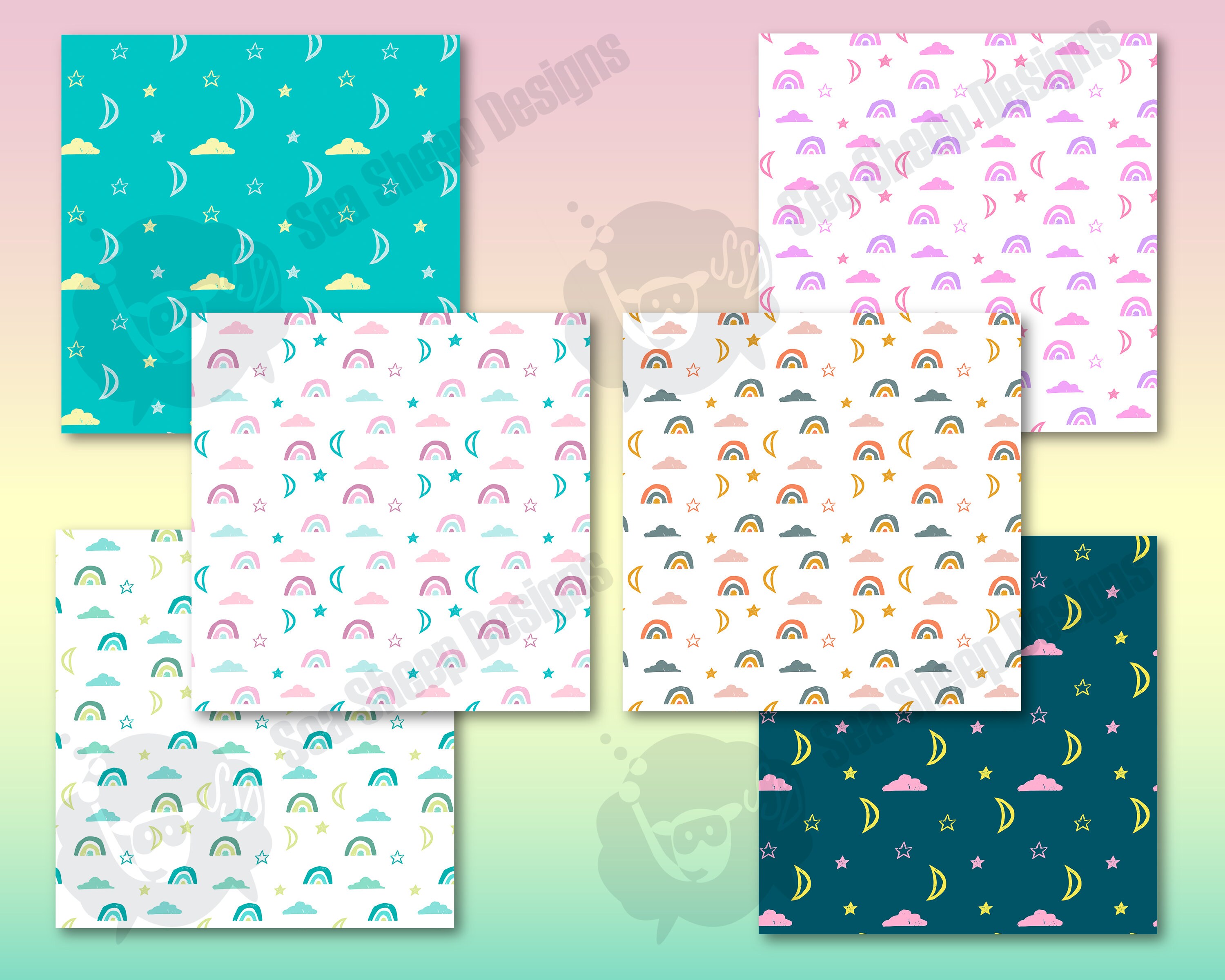 Pastel Rainbow Cloud Star Moon Celestial Digital Paper Set/ PNG SVG Sky ...