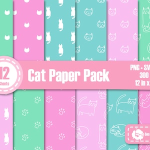 Puede incluir: Un conjunto de 12 hojas de papel digital con varios diseños de gatos en blanco sobre un fondo rosa y verde menta. Los papeles son de 30,5 cm por 30,5 cm y 300 dpi. El texto "Cat Paper Pack" y "12 Sheets" está incluido en la imagen.