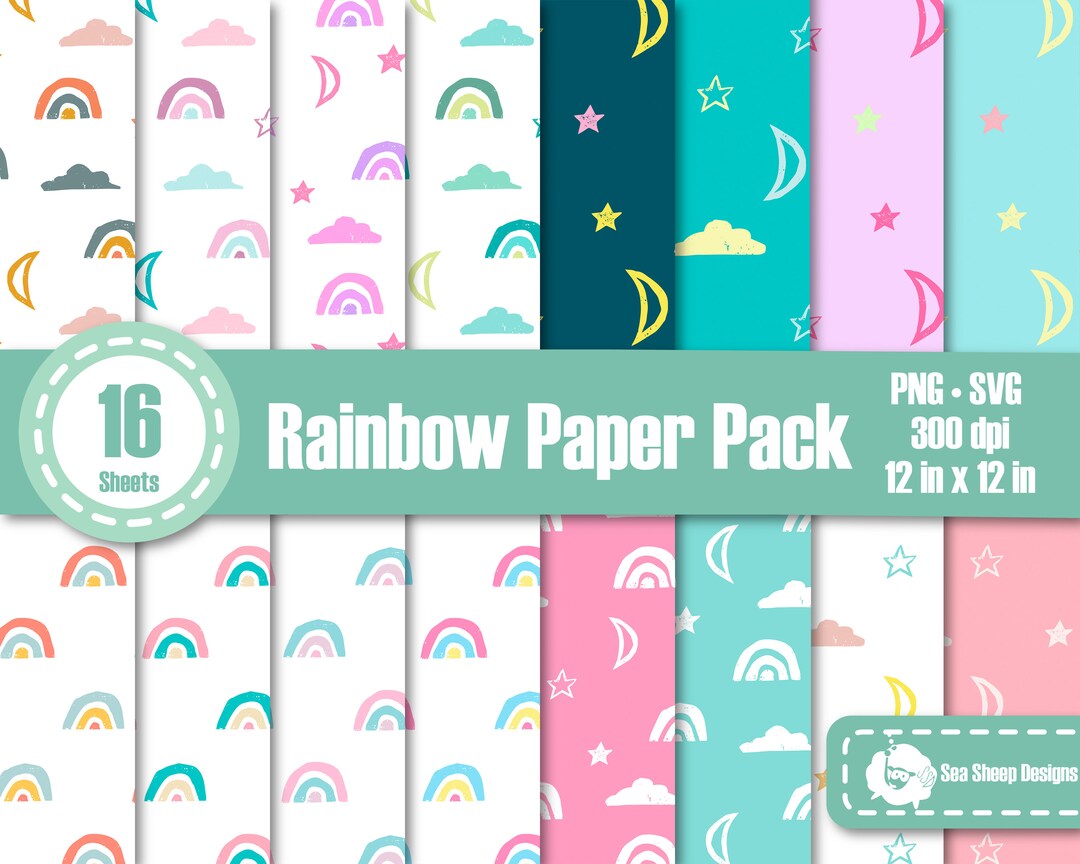Pastel Rainbow Cloud Star Moon Celestial Digital Paper Set/ PNG SVG Sky ...