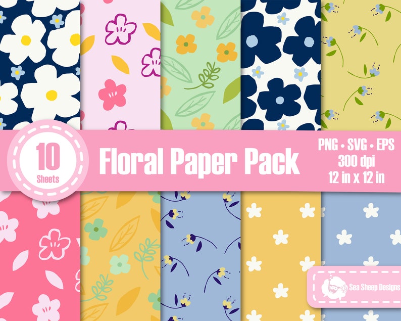 Floral Digital Paper, Colorful Flower Digital Paper Pack, Scrapbooking ...