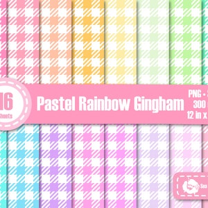 May include: A set of 16 digital paper sheets featuring pastel rainbow gingham patterns. Each sheet is 12 inches by 12 inches and 300 dpi. PNG and SVG formats are included.