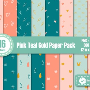 May include: A Pink Teal Gold Paper Pack with 16 sheets, each featuring a unique pattern. Designs include hearts, leaves, bows, and other shapes in pink, teal, and gold colors. The paper pack is 12 x 12 inches.