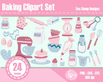 Hand drawn Baking Clipart, Cute vector digital graphics PNG, SVG, EPS, Cooking kitchen utensils art in pastel colors, Instant download
