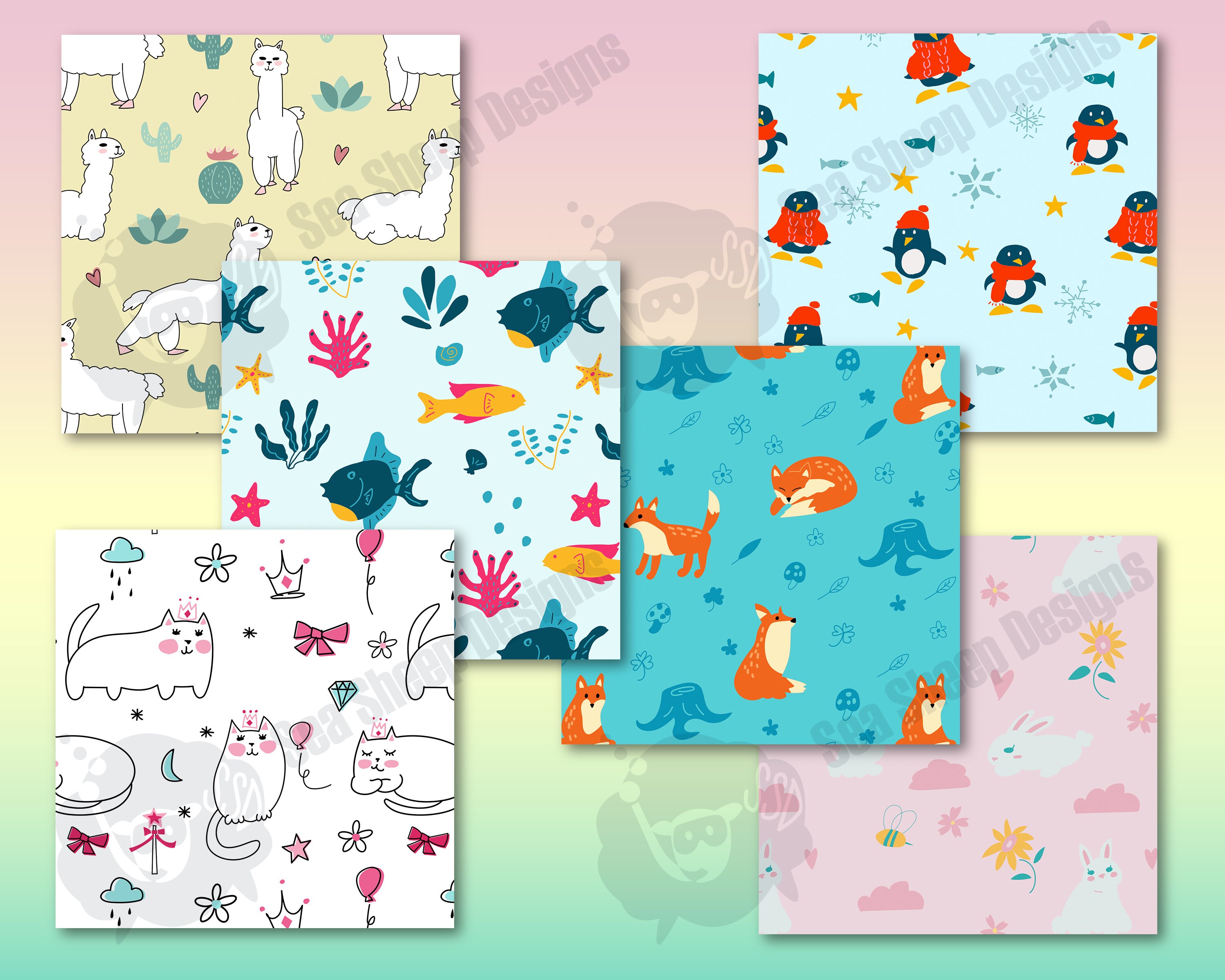 Animal Patterns, Digital Scrapbooking Paper, Fun Cute Hand Drawn Illustrations With Penguins ...