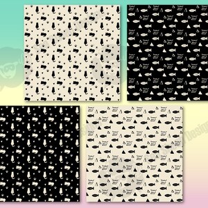 May include: Four patterned designs featuring repeating patterns. Two patterns have black cats, paw prints, and hearts on cream and black backgrounds. The other two patterns have fish, waves, and triangles on cream and black backgrounds.