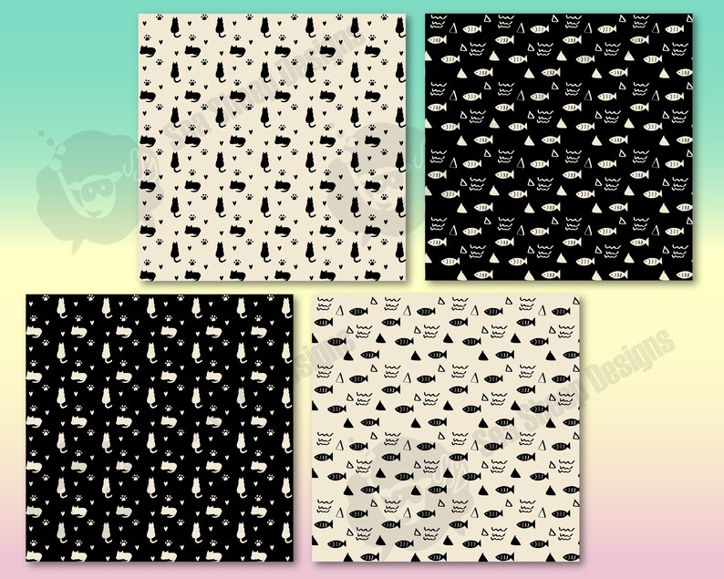 May include: Four patterned designs featuring repeating patterns. Two patterns have black cats, paw prints, and hearts on cream and black backgrounds. The other two patterns have fish, waves, and triangles on cream and black backgrounds.