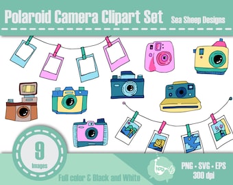 May include: A set of nine colorful digital illustrations of Polaroid cameras and instant film photos. The illustrations are in a cartoon style and feature various colors, including pink, blue, yellow, and green.