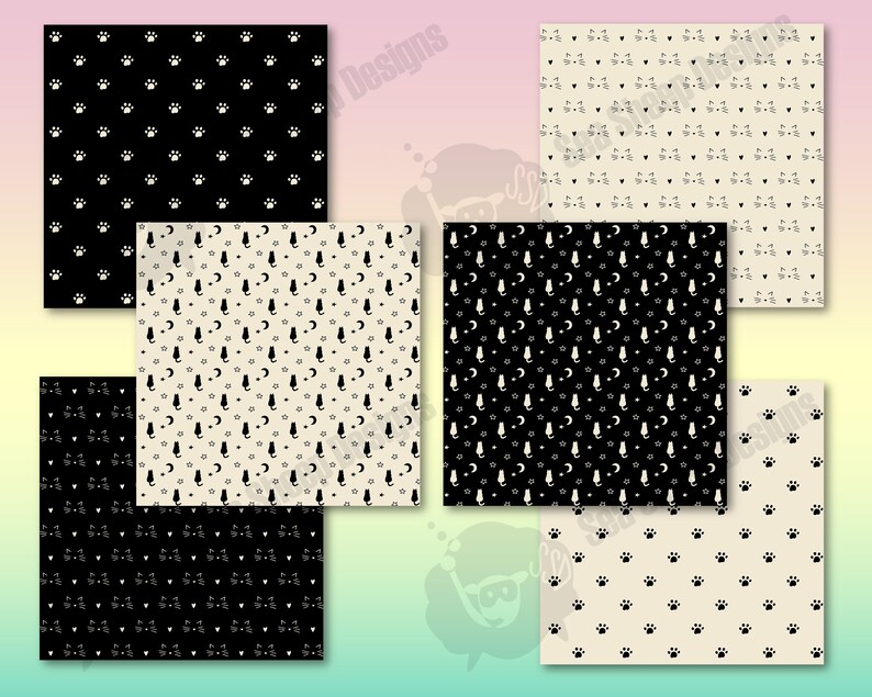 May include: Collection of patterned fabric swatches. Designs include black and white paw prints, cat faces, cats with moons and stars. The fabrics are in black, cream, and off-white colors. The swatches are arranged on a light green background.