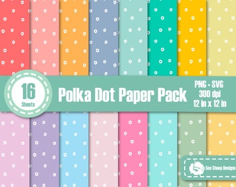 May include: A digital paper pack with 16 sheets of polka dot patterns in various pastel colors. Each sheet is 12 inches by 12 inches and 300 dpi. The text "PNG.SVG 300 dpi 12 in x 12 in" is at the top of the image. The text "16 Sheets Polka Dot Paper Pack" is in the middle of the image. The text "Sea Sheep Designs" is at the bottom of the image.