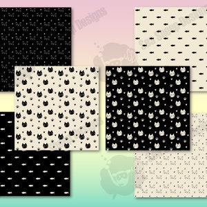 May include: A collection of patterned papers featuring cat and fish designs. The patterns include black cats, paw prints, and hearts on a cream background, and white fish on a black background. The designs are suitable for various craft projects.