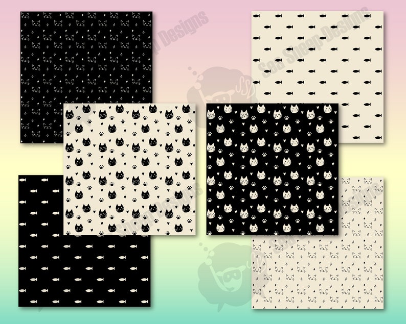 May include: A collection of patterned papers featuring cat and fish designs. The patterns include black cats, paw prints, and hearts on a cream background, and white fish on a black background. The designs are suitable for various craft projects.