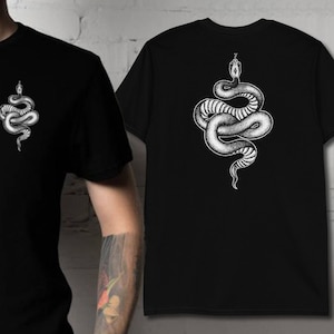 Tattoo Style Snake T-Shirt | Alternative, Punk Rock Streetwear Traditional Tattoo Flash Style Short-Sleeve Unisex T-Shirt with Back Design