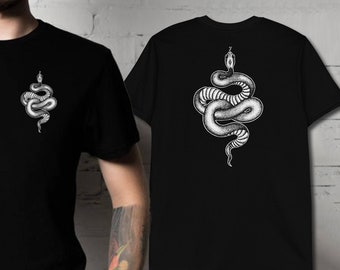 Tattoo Style Snake T-Shirt | Alternative, Punk Rock Streetwear Traditional Tattoo Flash Style Short-Sleeve Unisex T-Shirt with Back Design
