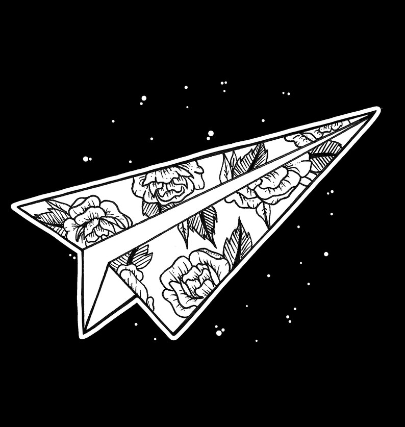 May include: A black and white illustration of a paper airplane with a floral pattern. The airplane is flying against a black background with white dots.