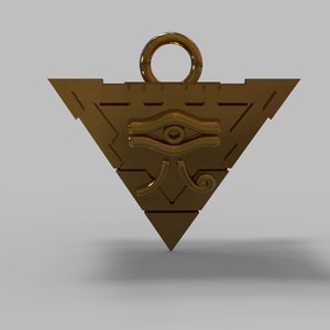 May include: A gold-colored pendant shaped like a triangle with an eye symbol inside. The pendant has a loop at the top for attaching to a chain.