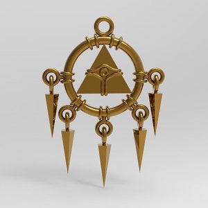 May include: A gold-colored pendant with a circular frame, a triangle with an eye symbol, and dangling triangular shapes. The pendant has a loop at the top for hanging. The design is intricate and detailed, with a polished finish.